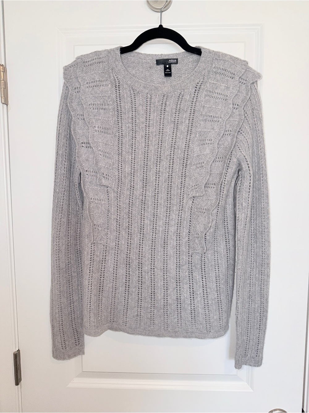 AQUA Cashmere Ruffle-Trim Pointelle Cable Knit Sweater